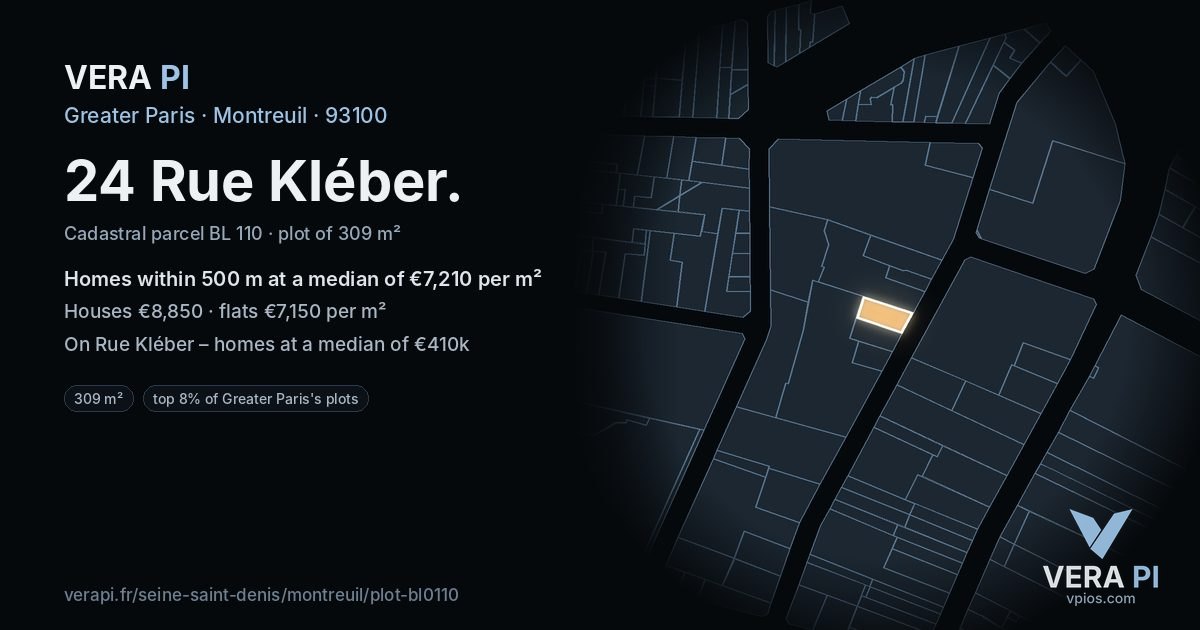 24 Rue Kléber, Montreuil at night – the plot lit, the parcels around coloured by the prices near them