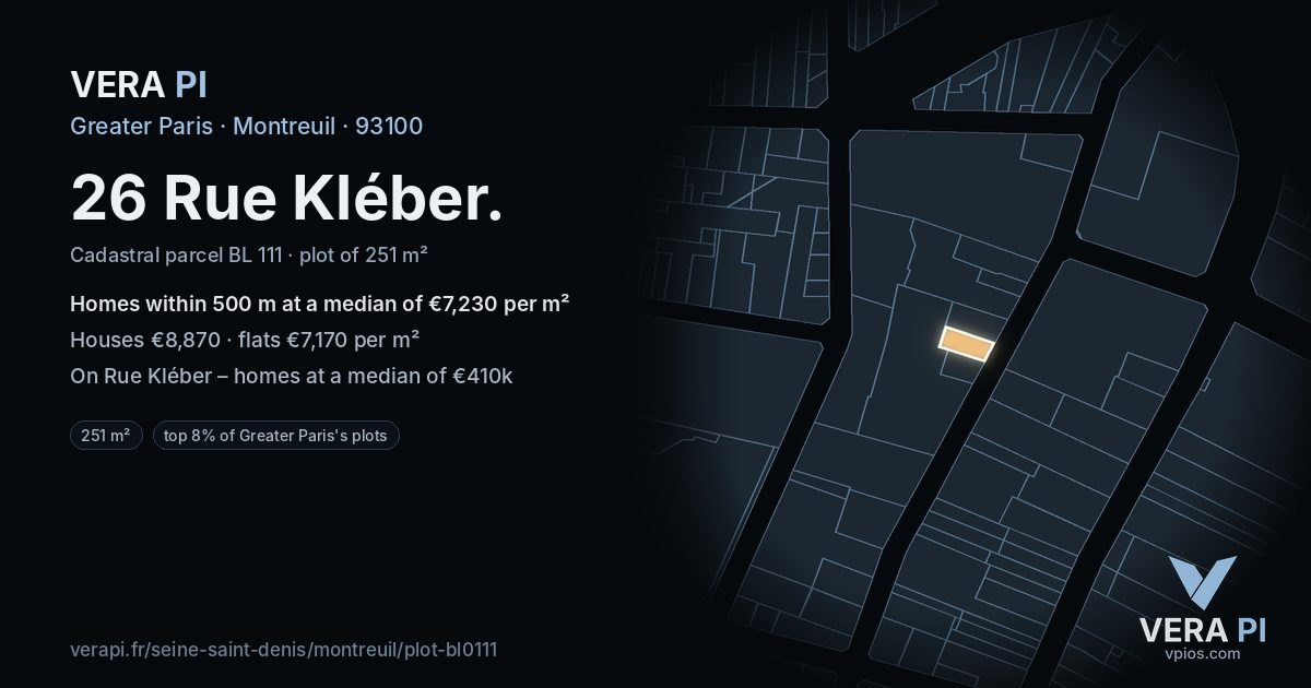 26 Rue Kléber, Montreuil at night – the plot lit, the parcels around coloured by the prices near them