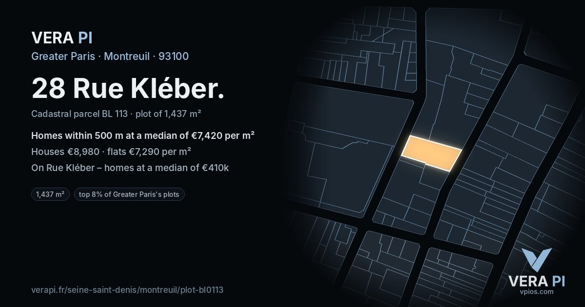 28 Rue Kléber, Montreuil at night – the plot lit, the parcels around coloured by the prices near them