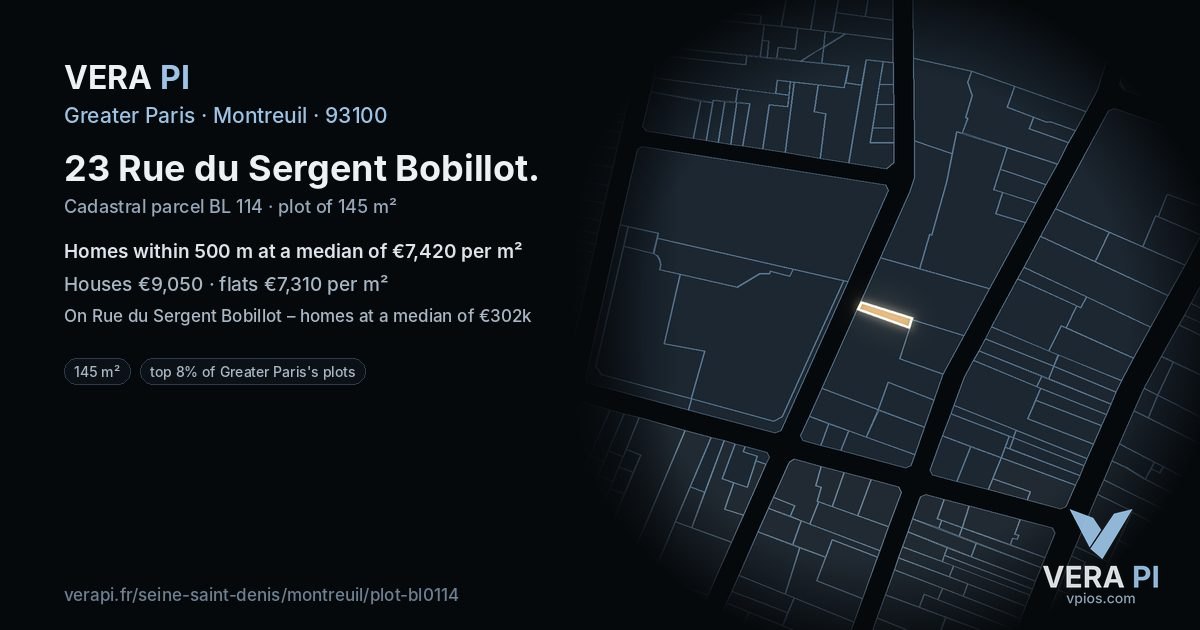 23 Rue du Sergent Bobillot, Montreuil at night – the plot lit, the parcels around coloured by the prices near them