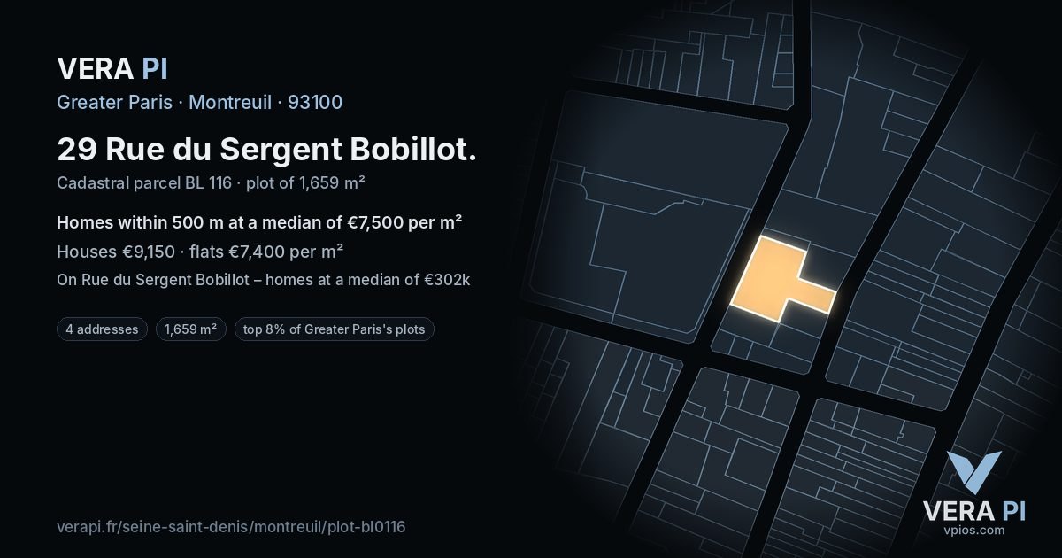 29 Rue du Sergent Bobillot, Montreuil at night – the plot lit, the parcels around coloured by the prices near them