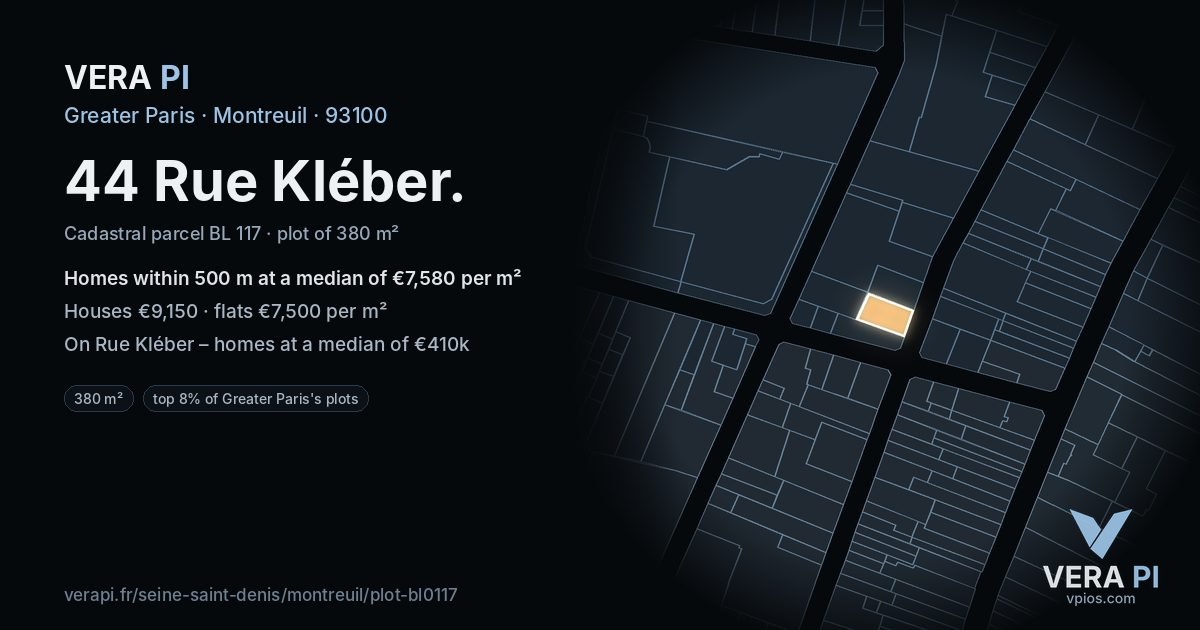 44 Rue Kléber, Montreuil at night – the plot lit, the parcels around coloured by the prices near them