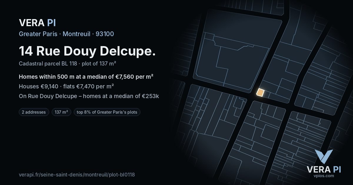 14 Rue Douy Delcupe, Montreuil at night – the plot lit, the parcels around coloured by the prices near them