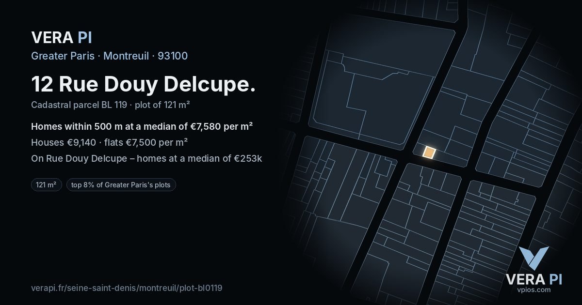 12 Rue Douy Delcupe, Montreuil at night – the plot lit, the parcels around coloured by the prices near them