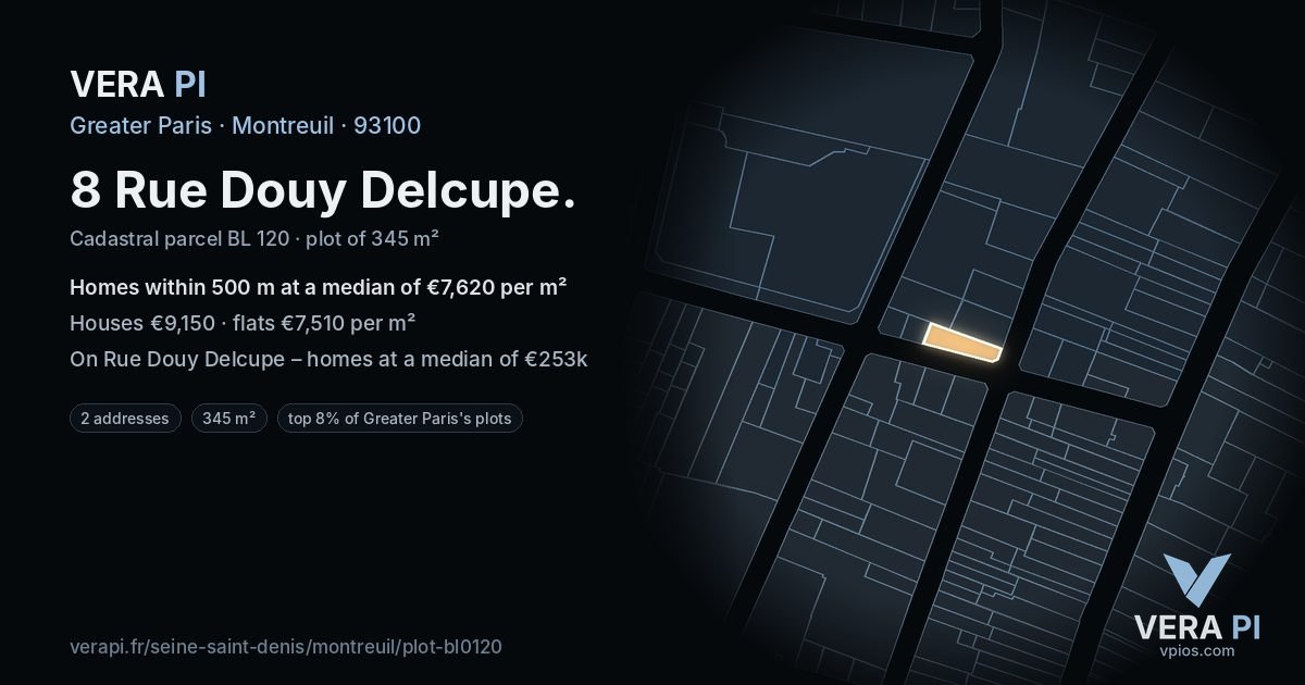 8 Rue Douy Delcupe, Montreuil at night – the plot lit, the parcels around coloured by the prices near them