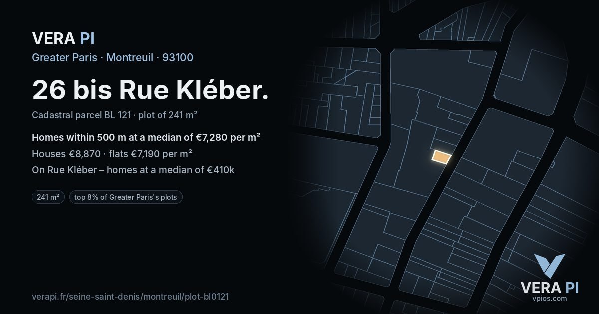 26 bis Rue Kléber, Montreuil at night – the plot lit, the parcels around coloured by the prices near them