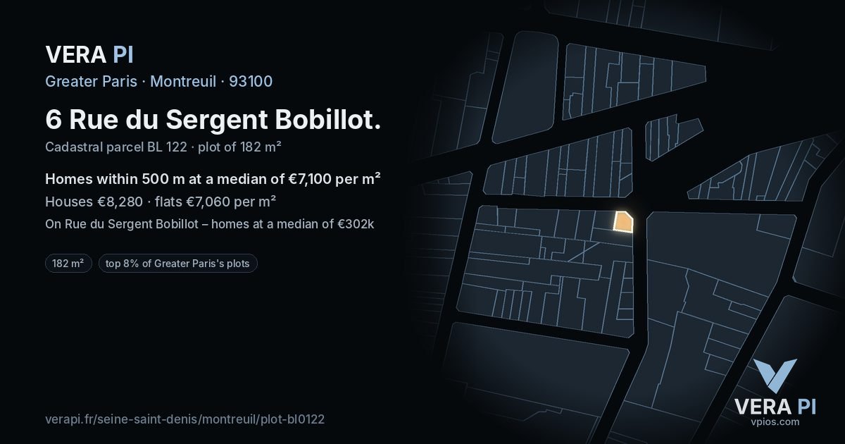 6 Rue du Sergent Bobillot, Montreuil at night – the plot lit, the parcels around coloured by the prices near them