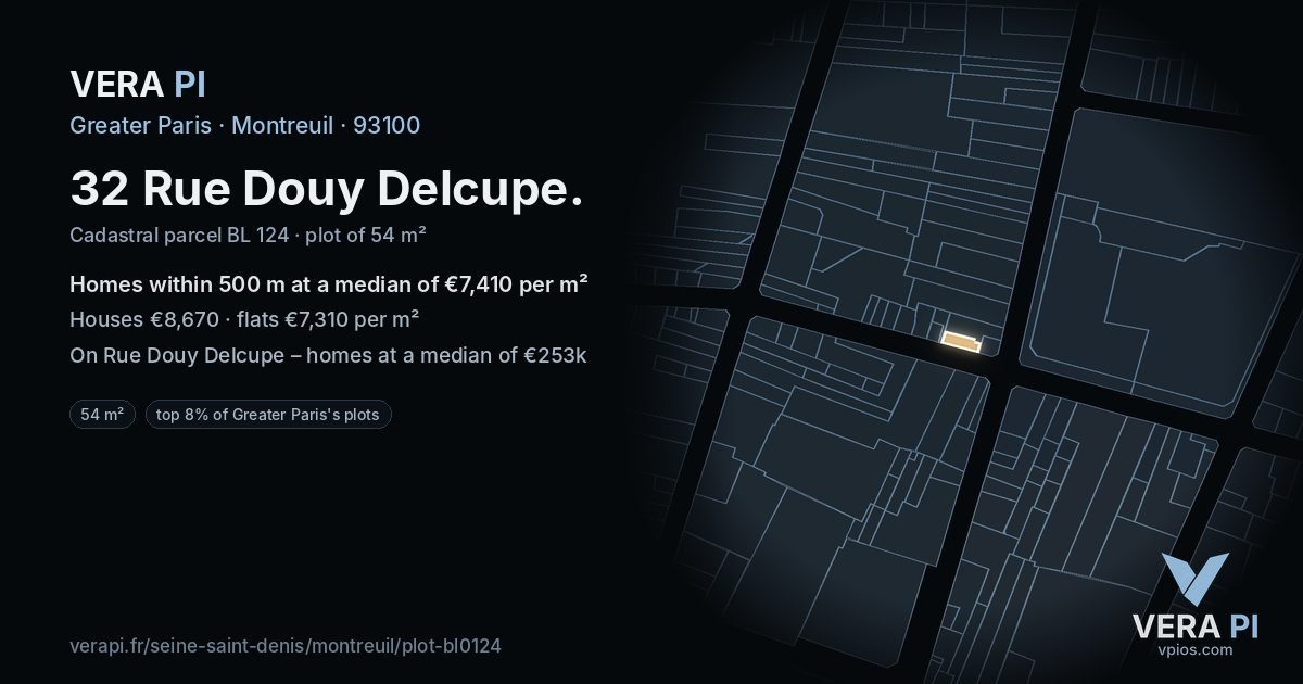 32 Rue Douy Delcupe, Montreuil at night – the plot lit, the parcels around coloured by the prices near them