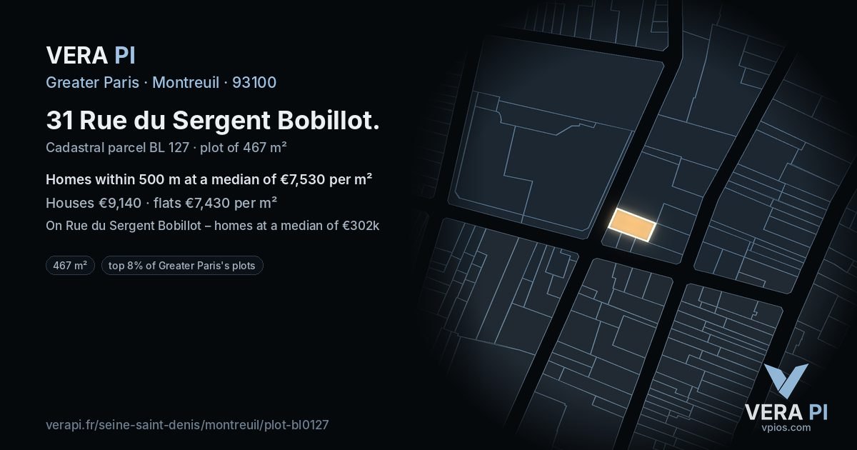 31 Rue du Sergent Bobillot, Montreuil at night – the plot lit, the parcels around coloured by the prices near them