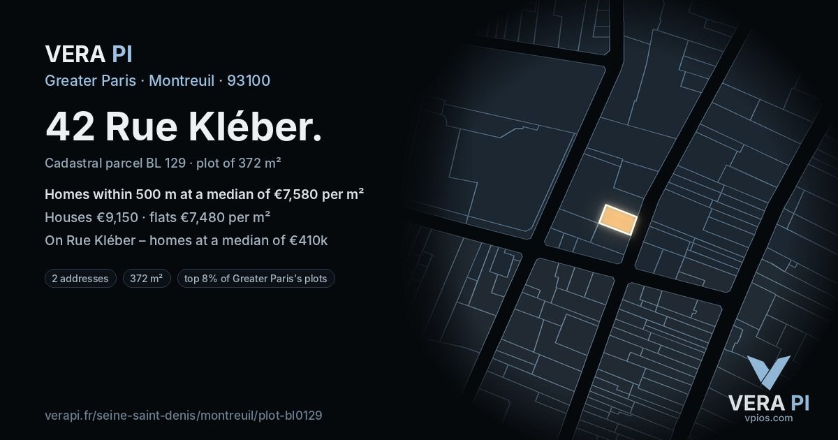 42 Rue Kléber, Montreuil at night – the plot lit, the parcels around coloured by the prices near them