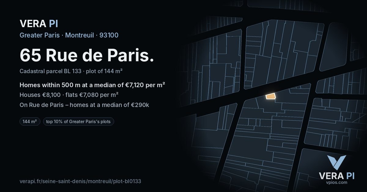 65 Rue de Paris, Montreuil at night – the plot lit, the parcels around coloured by the prices near them