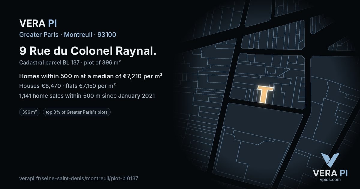 9 Rue du Colonel Raynal, Montreuil at night – the plot lit, the parcels around coloured by the prices near them