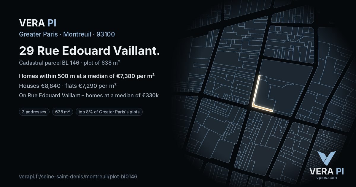 29 Rue Edouard Vaillant, Montreuil at night – the plot lit, the parcels around coloured by the prices near them