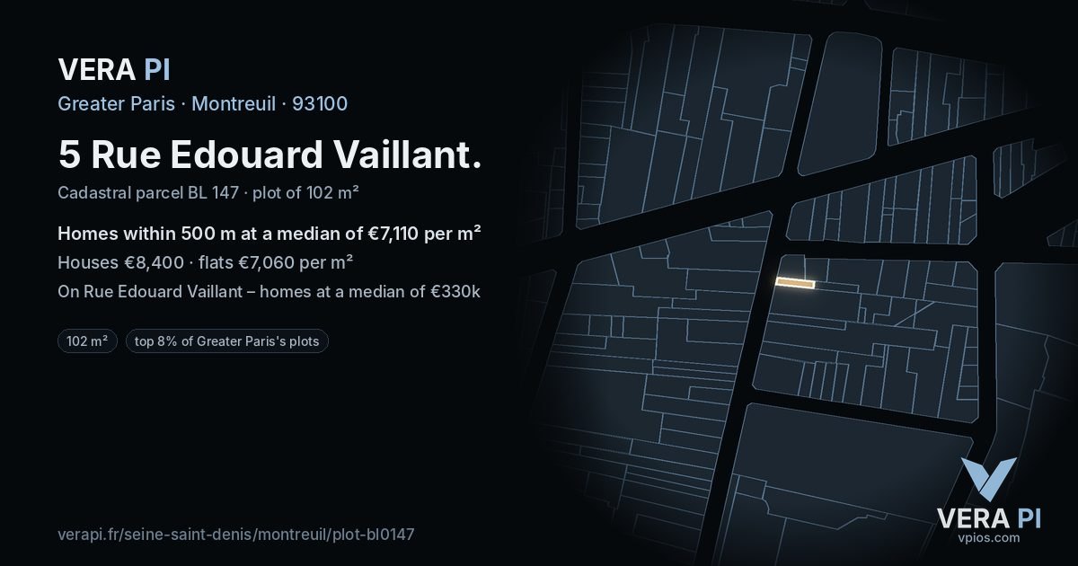 5 Rue Edouard Vaillant, Montreuil at night – the plot lit, the parcels around coloured by the prices near them