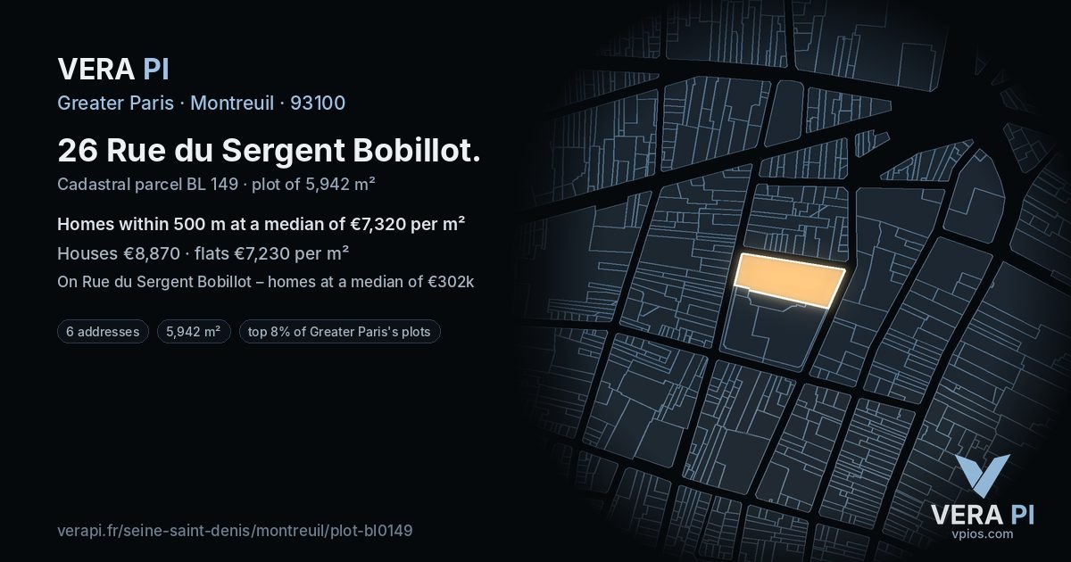 26 Rue du Sergent Bobillot, Montreuil at night – the plot lit, the parcels around coloured by the prices near them