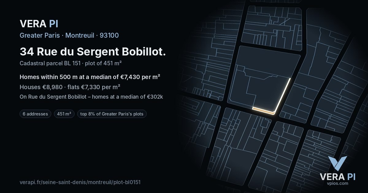 34 Rue du Sergent Bobillot, Montreuil at night – the plot lit, the parcels around coloured by the prices near them