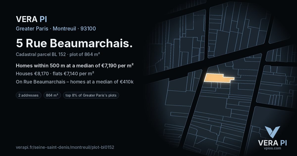 5 Rue Beaumarchais, Montreuil at night – the plot lit, the parcels around coloured by the prices near them