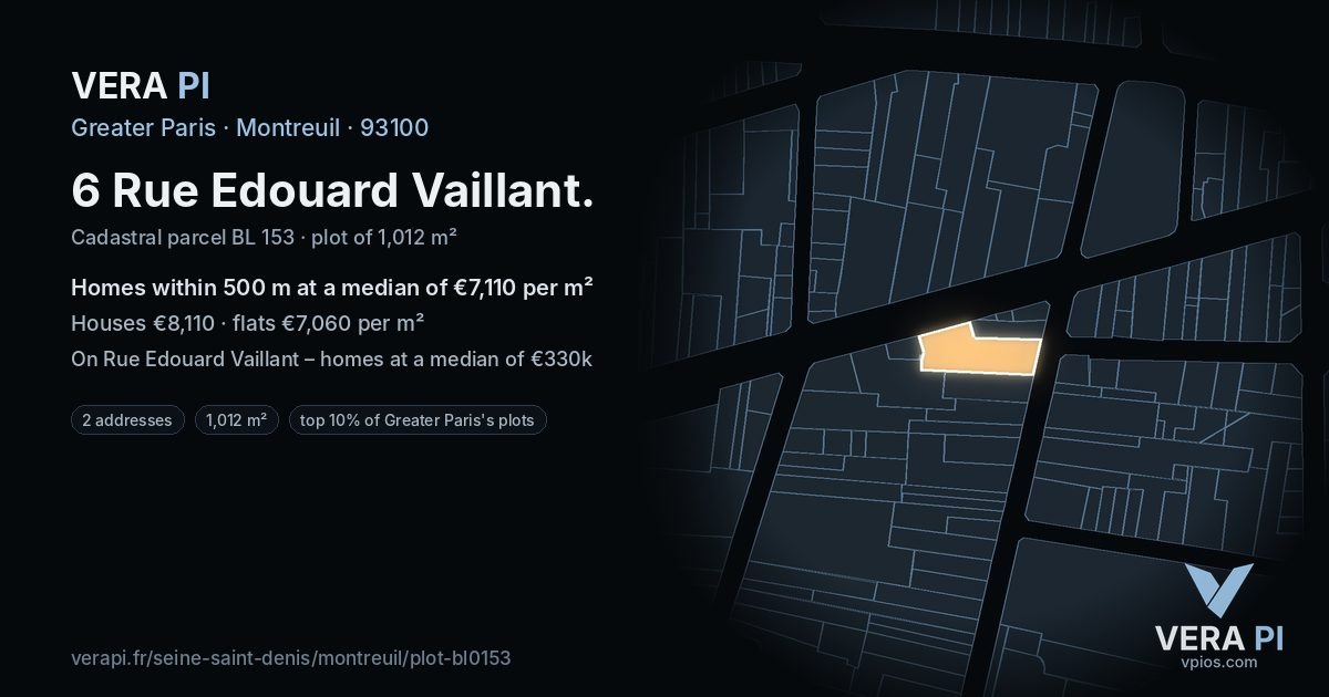 6 Rue Edouard Vaillant, Montreuil at night – the plot lit, the parcels around coloured by the prices near them