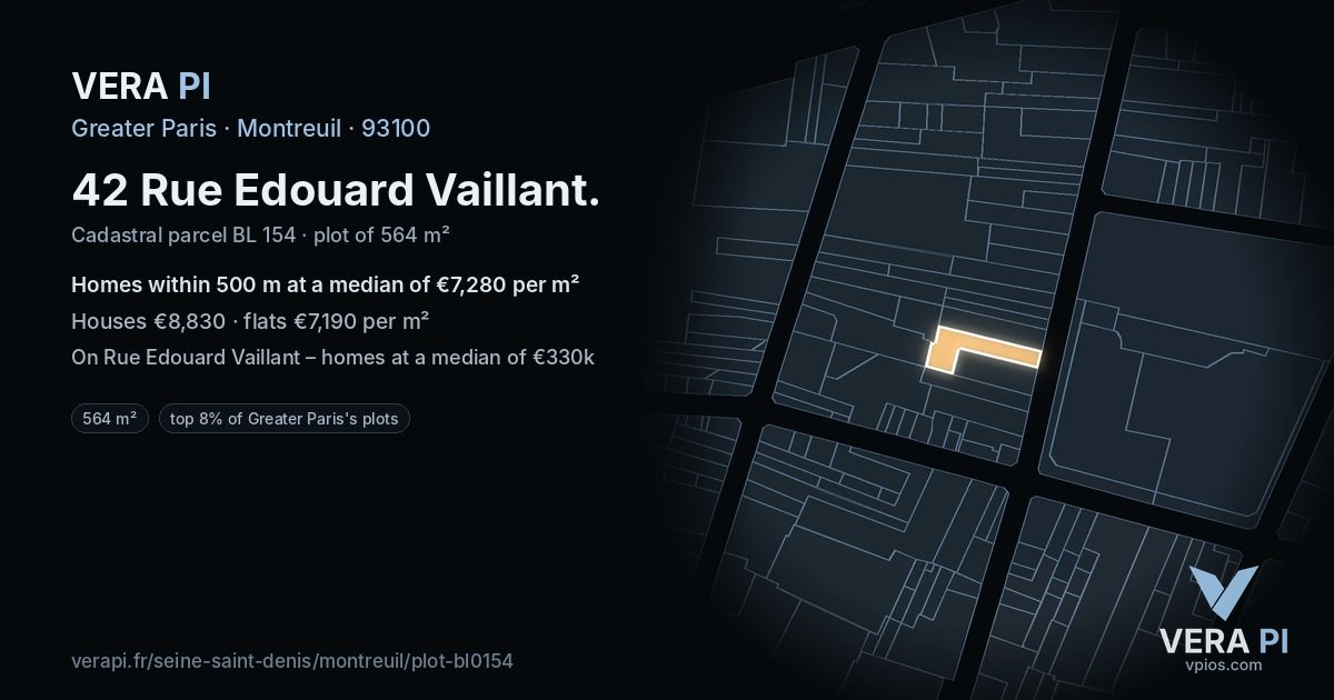 42 Rue Edouard Vaillant, Montreuil at night – the plot lit, the parcels around coloured by the prices near them