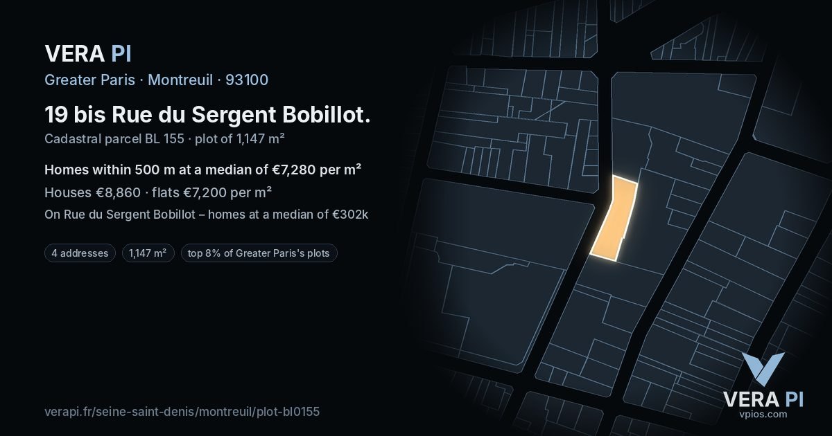 19 bis Rue du Sergent Bobillot, Montreuil at night – the plot lit, the parcels around coloured by the prices near them