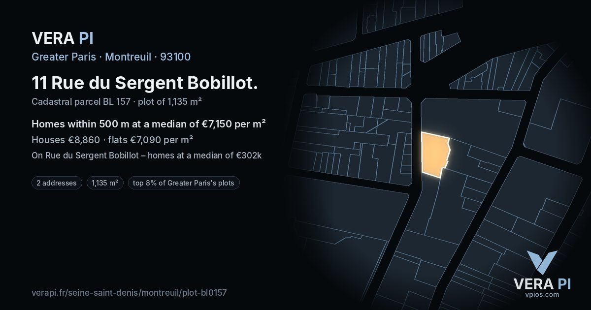 11 Rue du Sergent Bobillot, Montreuil at night – the plot lit, the parcels around coloured by the prices near them