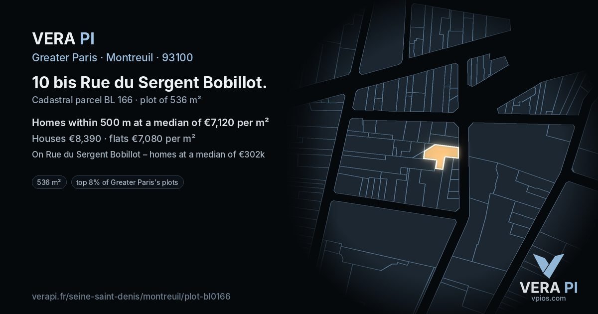 10 bis Rue du Sergent Bobillot, Montreuil at night – the plot lit, the parcels around coloured by the prices near them