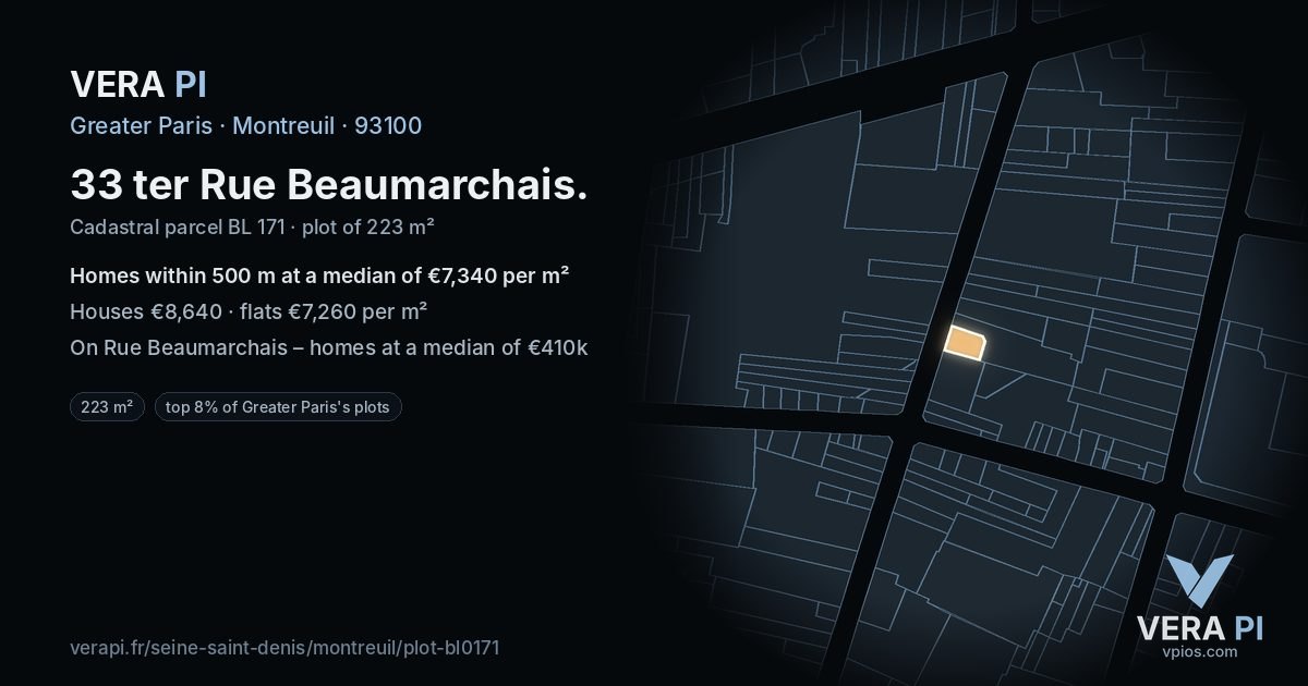 33 ter Rue Beaumarchais, Montreuil at night – the plot lit, the parcels around coloured by the prices near them