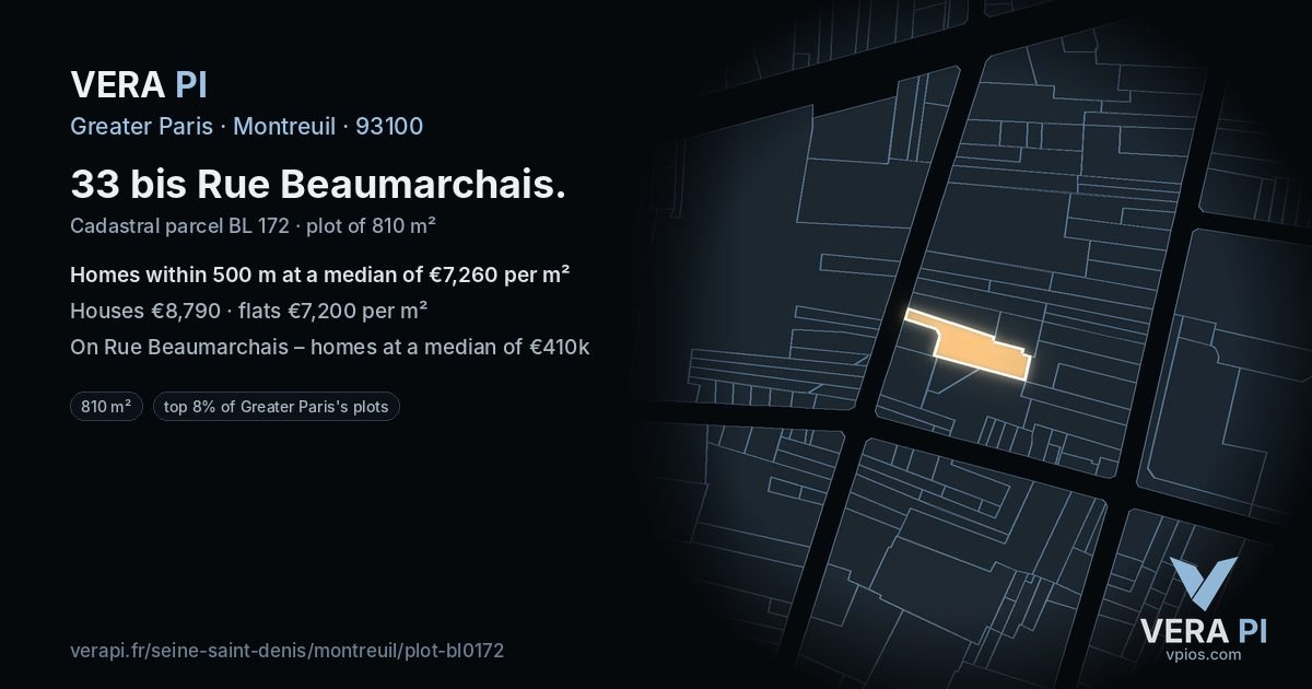 33 bis Rue Beaumarchais, Montreuil at night – the plot lit, the parcels around coloured by the prices near them