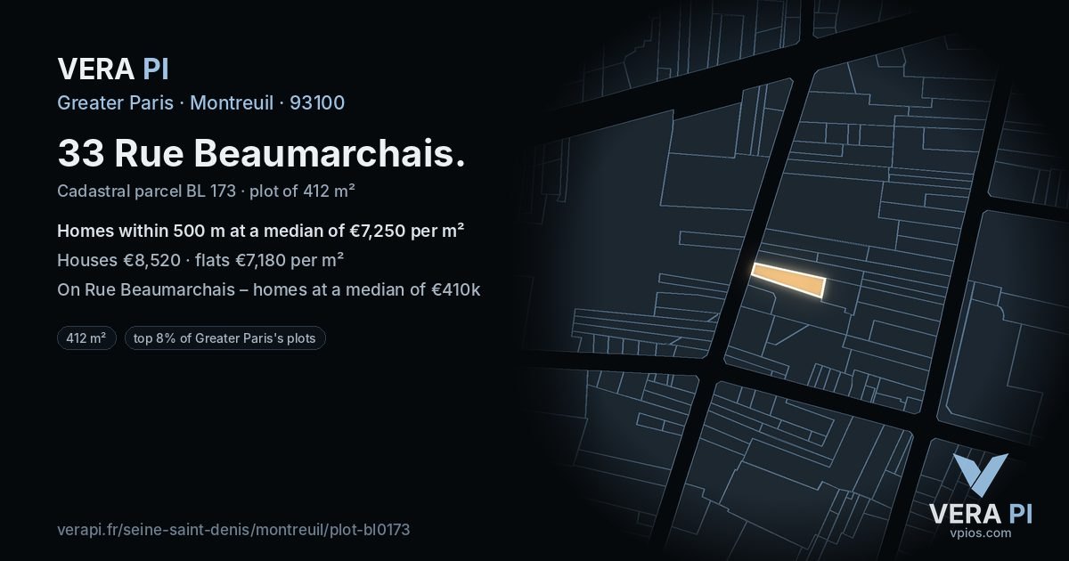 33 Rue Beaumarchais, Montreuil at night – the plot lit, the parcels around coloured by the prices near them