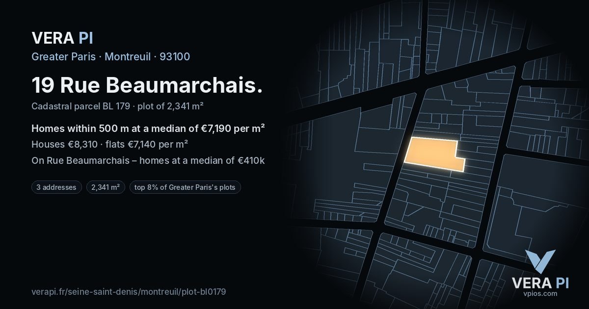 19 Rue Beaumarchais, Montreuil at night – the plot lit, the parcels around coloured by the prices near them