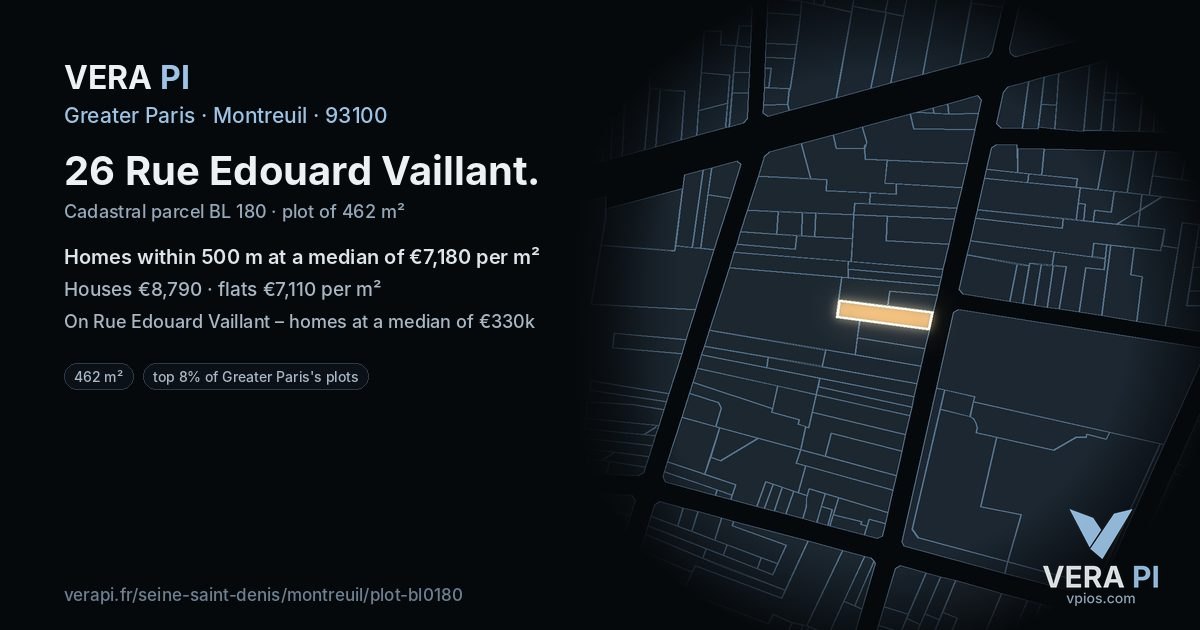 26 Rue Edouard Vaillant, Montreuil at night – the plot lit, the parcels around coloured by the prices near them