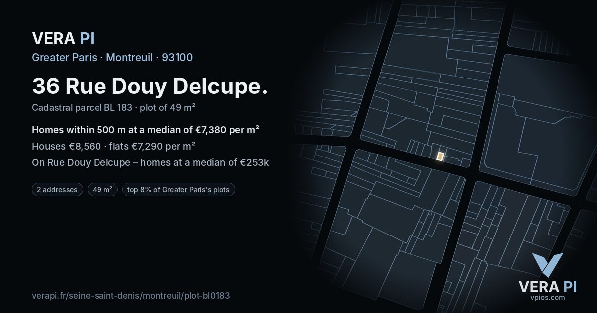 36 Rue Douy Delcupe, Montreuil at night – the plot lit, the parcels around coloured by the prices near them