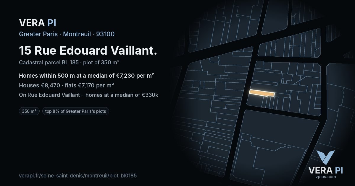 15 Rue Edouard Vaillant, Montreuil at night – the plot lit, the parcels around coloured by the prices near them