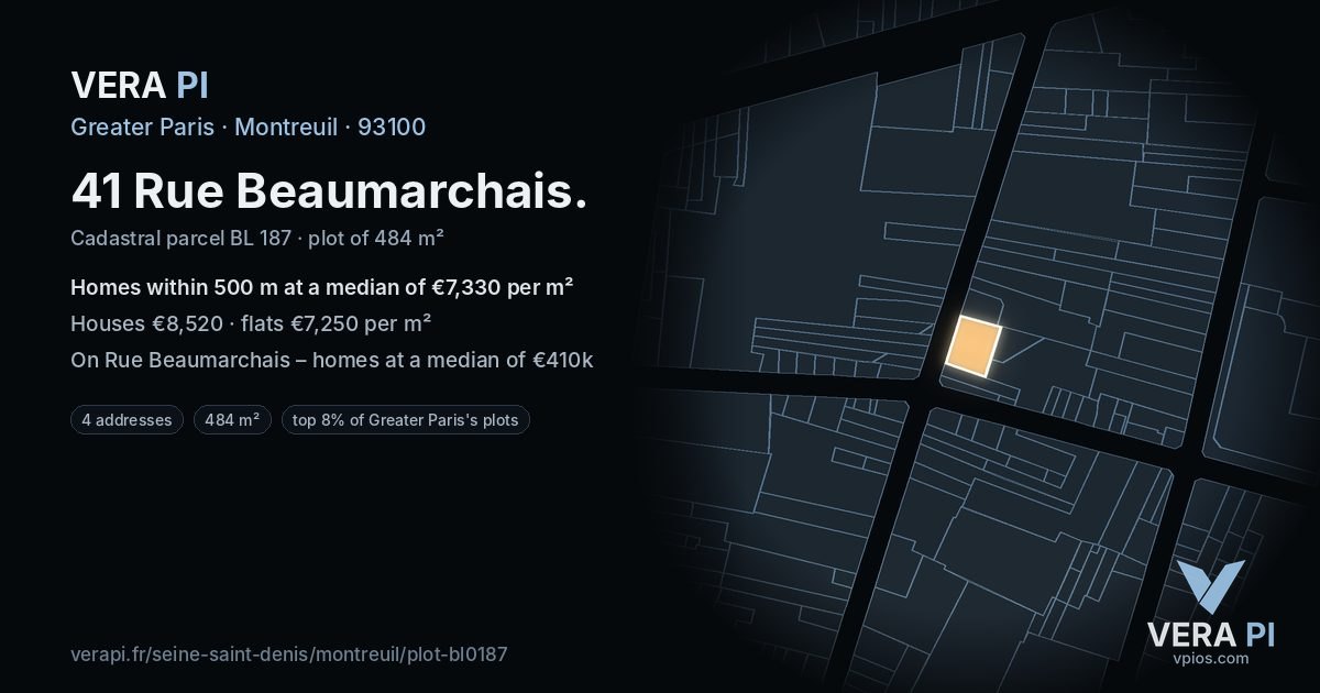 41 Rue Beaumarchais, Montreuil at night – the plot lit, the parcels around coloured by the prices near them