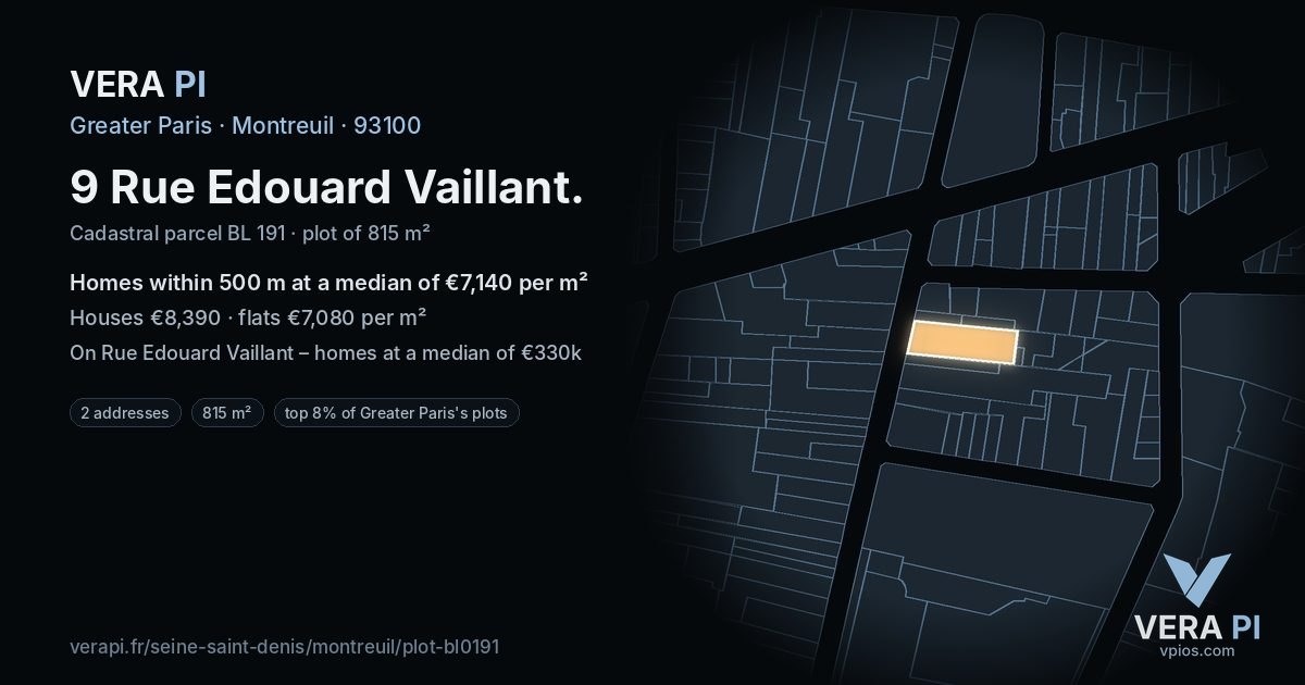 9 Rue Edouard Vaillant, Montreuil at night – the plot lit, the parcels around coloured by the prices near them