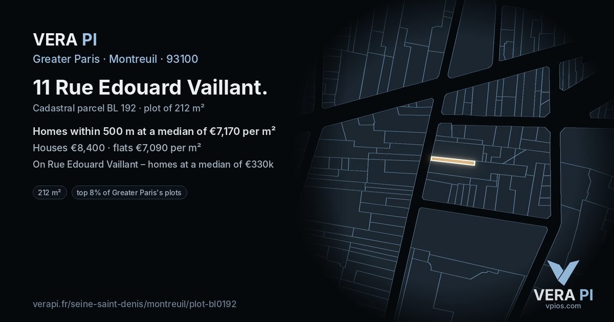 11 Rue Edouard Vaillant, Montreuil at night – the plot lit, the parcels around coloured by the prices near them