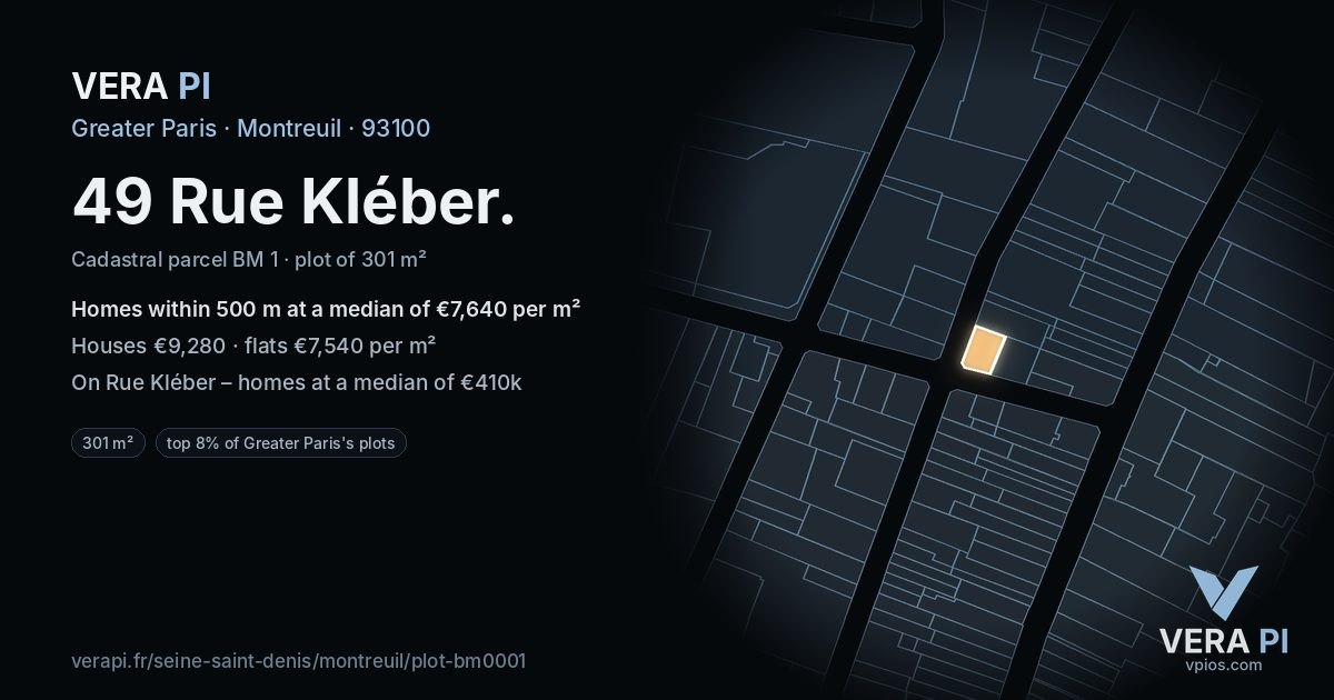 49 Rue Kléber, Montreuil at night – the plot lit, the parcels around coloured by the prices near them