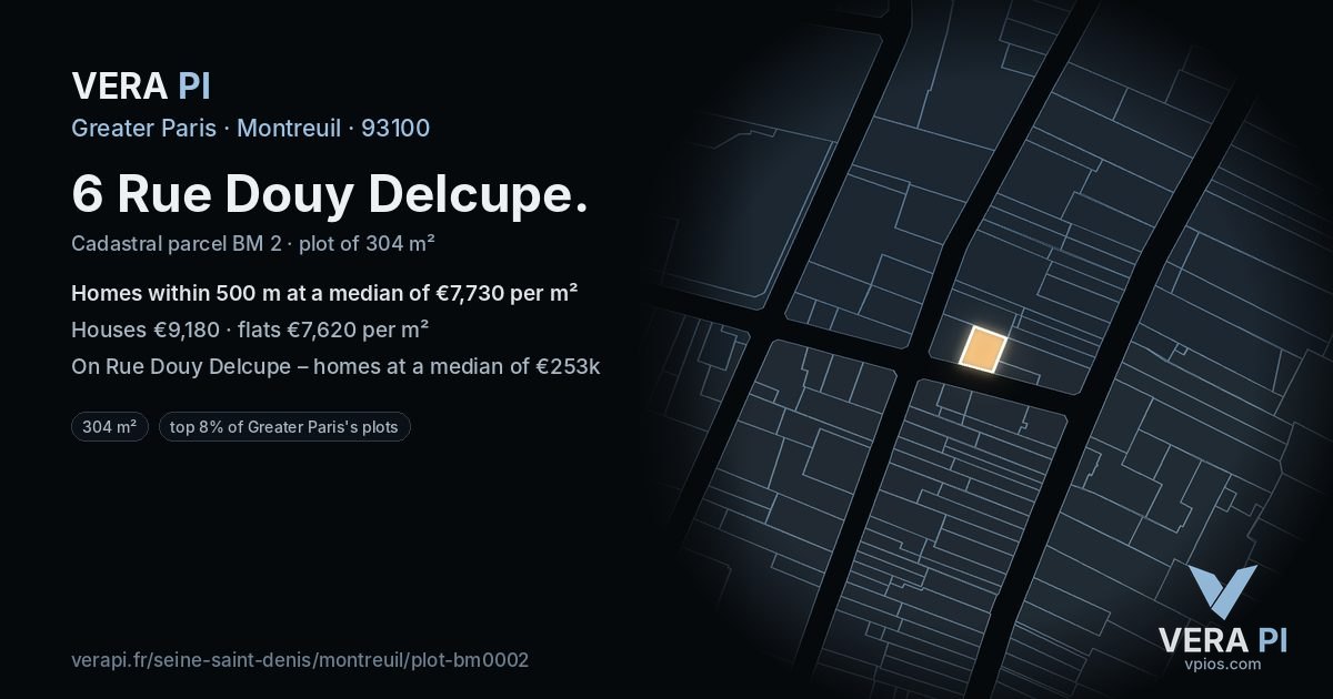 6 Rue Douy Delcupe, Montreuil at night – the plot lit, the parcels around coloured by the prices near them