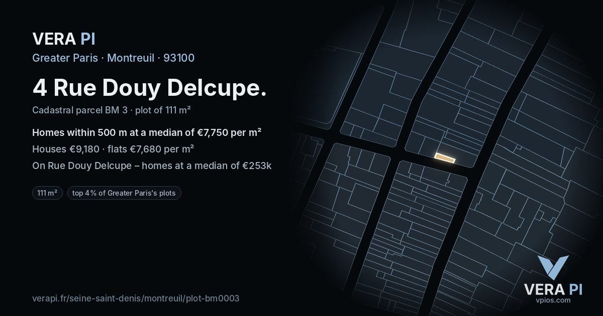 4 Rue Douy Delcupe, Montreuil at night – the plot lit, the parcels around coloured by the prices near them
