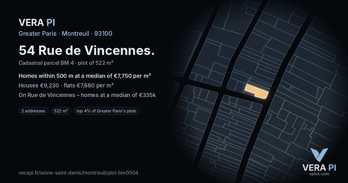 54 Rue de Vincennes, Montreuil at night – the plot lit, the parcels around coloured by the prices near them