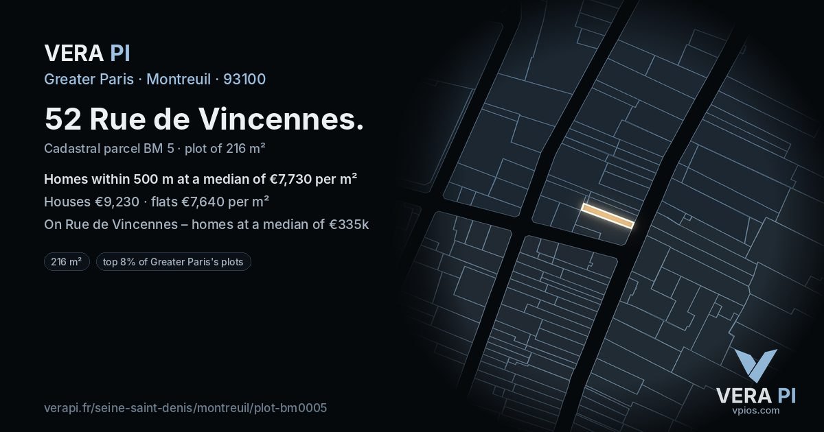 52 Rue de Vincennes, Montreuil at night – the plot lit, the parcels around coloured by the prices near them