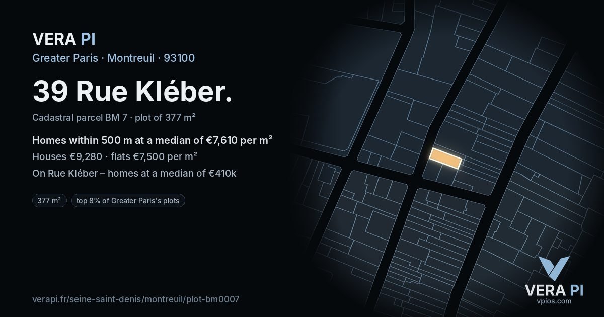39 Rue Kléber, Montreuil at night – the plot lit, the parcels around coloured by the prices near them