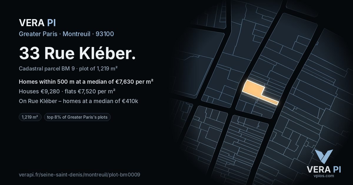 33 Rue Kléber, Montreuil at night – the plot lit, the parcels around coloured by the prices near them