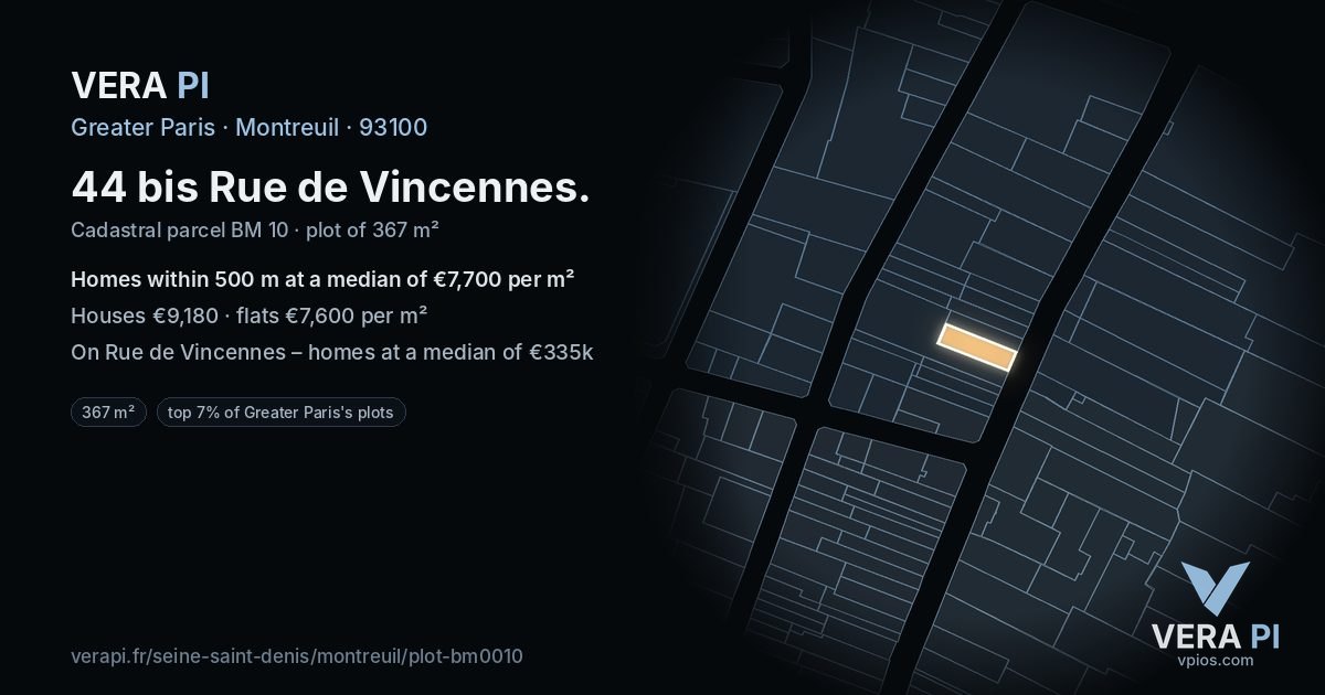 44 bis Rue de Vincennes, Montreuil at night – the plot lit, the parcels around coloured by the prices near them