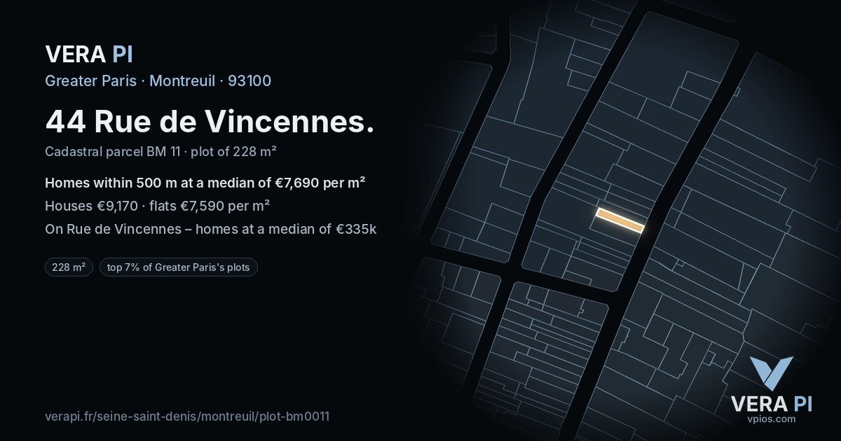 44 Rue de Vincennes, Montreuil at night – the plot lit, the parcels around coloured by the prices near them