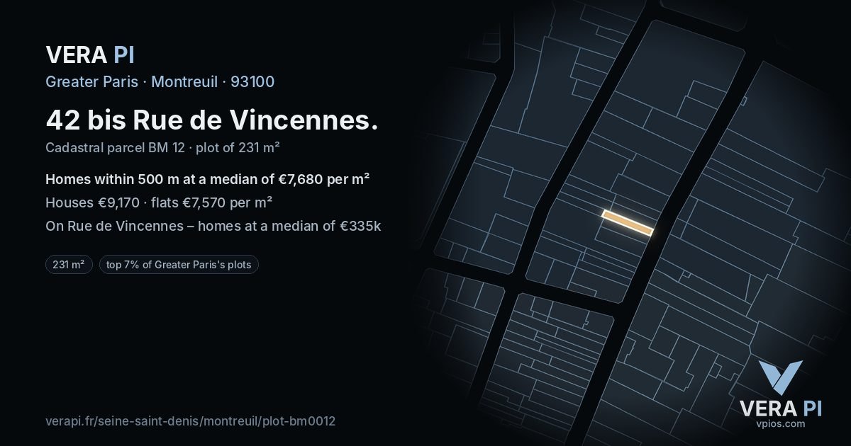 42 bis Rue de Vincennes, Montreuil at night – the plot lit, the parcels around coloured by the prices near them