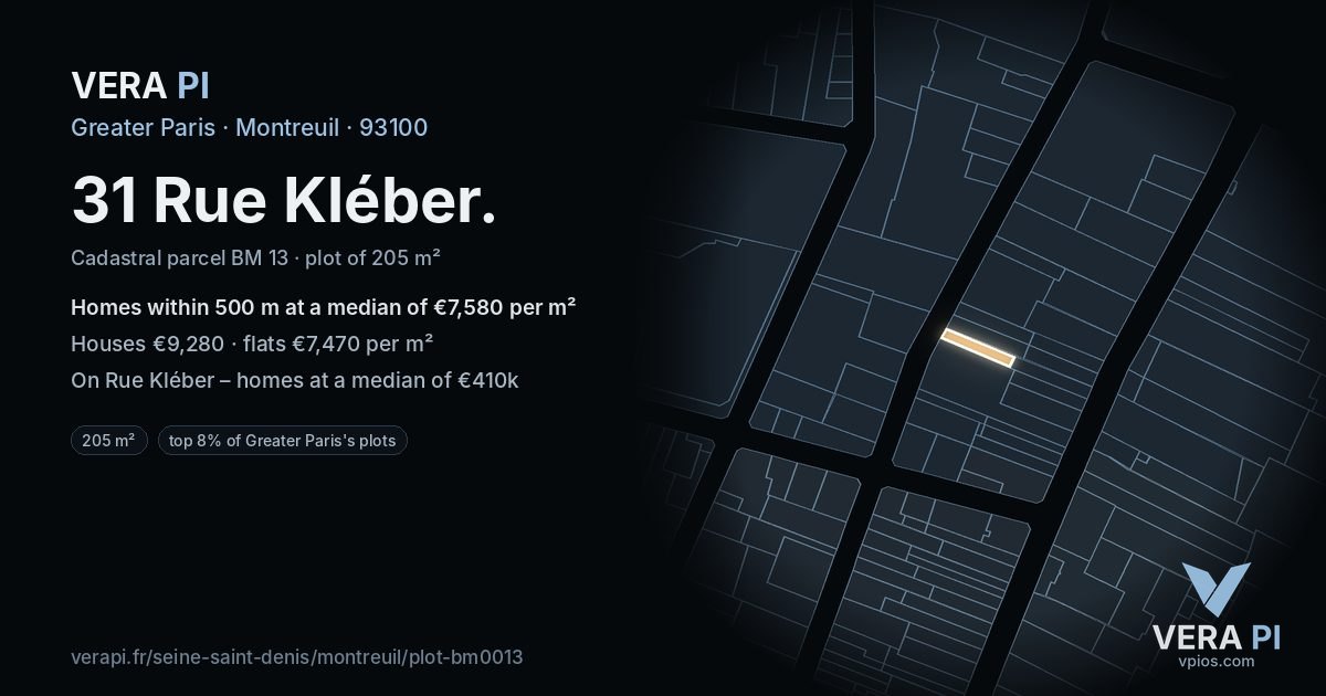 31 Rue Kléber, Montreuil at night – the plot lit, the parcels around coloured by the prices near them