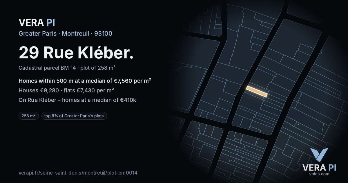 29 Rue Kléber, Montreuil at night – the plot lit, the parcels around coloured by the prices near them