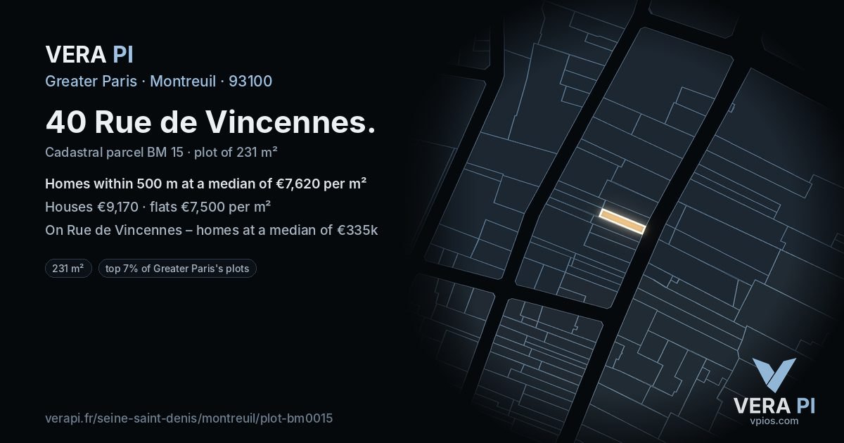 40 Rue de Vincennes, Montreuil at night – the plot lit, the parcels around coloured by the prices near them