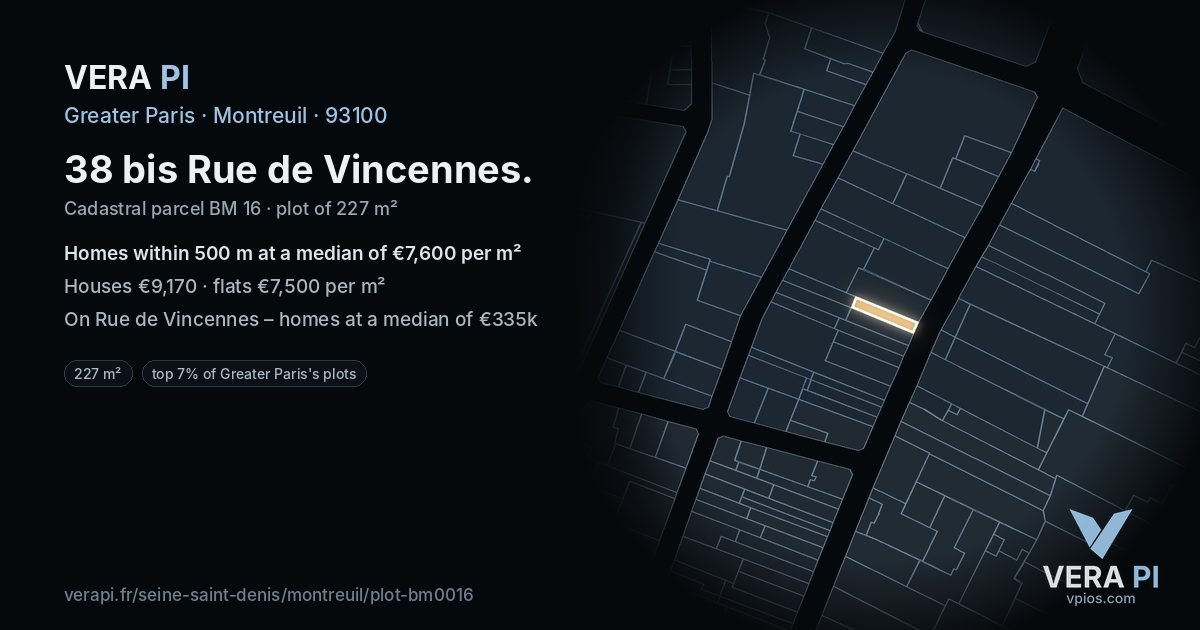 38 bis Rue de Vincennes, Montreuil at night – the plot lit, the parcels around coloured by the prices near them